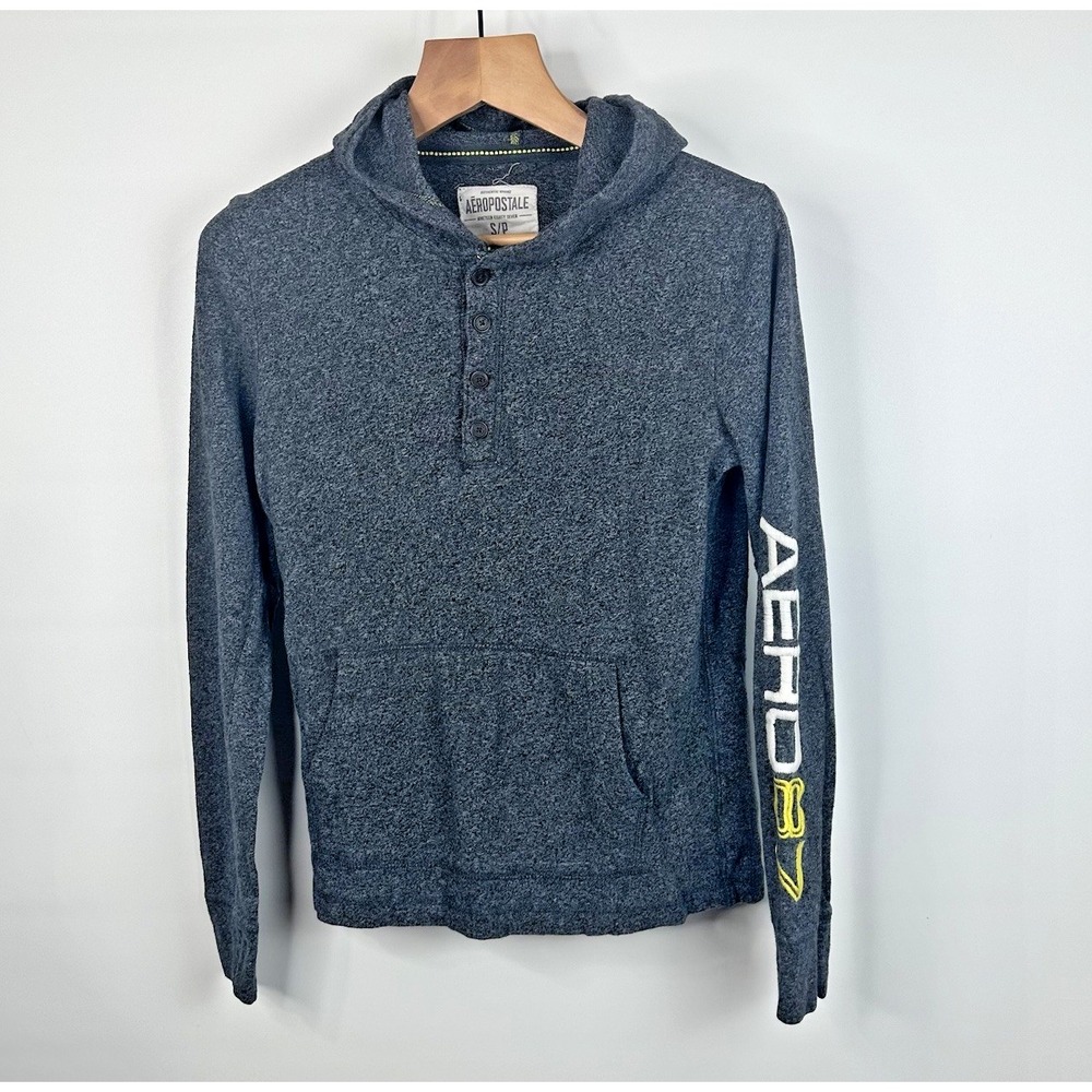 Aeropostale Men Small Pullover Button Hoodie Embellished Pocket Long Sleeve Gray